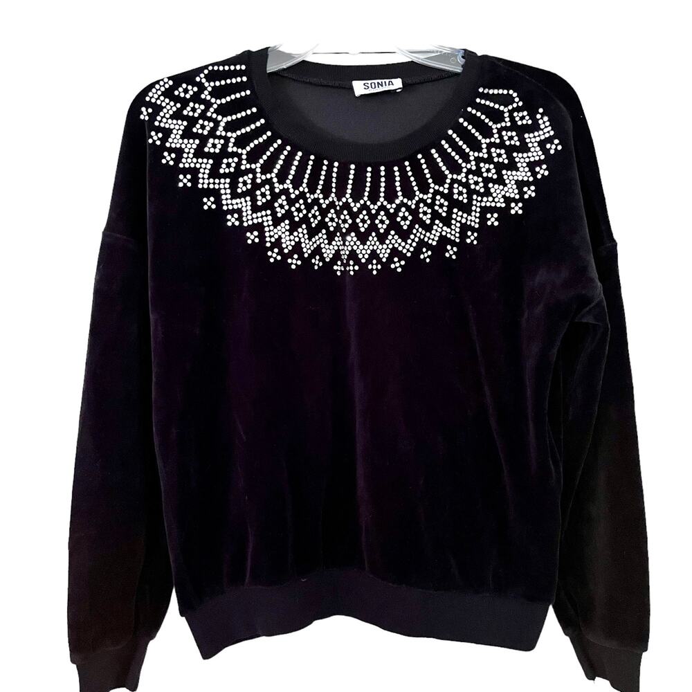 Sonia Rykiel Rhinestones Velvet Long Sleeve Sweatshirt Black Women's Size Small